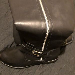 Torrid black knee high flat boots with grey overlay